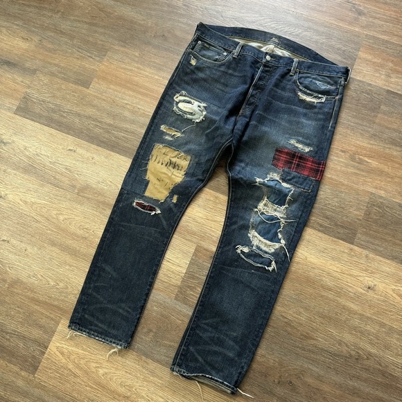 Polo Ralph Lauren Distressed Patchwork Sullivan Slim Dark Wash Jeans Sz 40x32 - Picture 1 of 11
